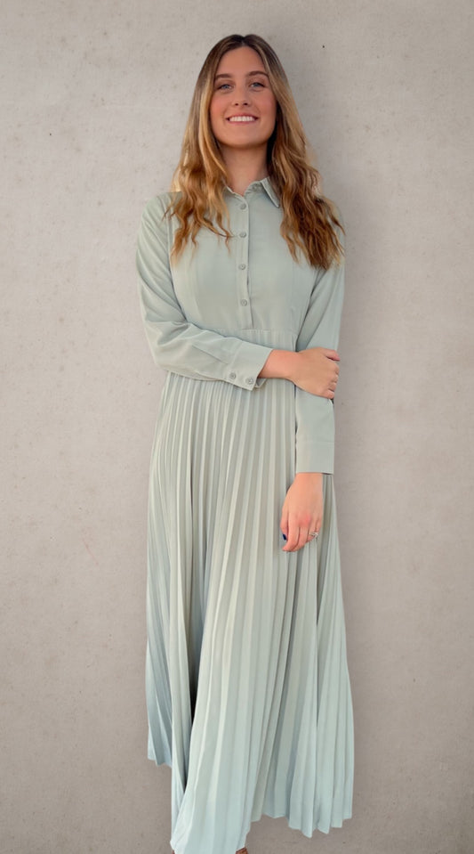 Button Down Pleated Dress Dusty Green