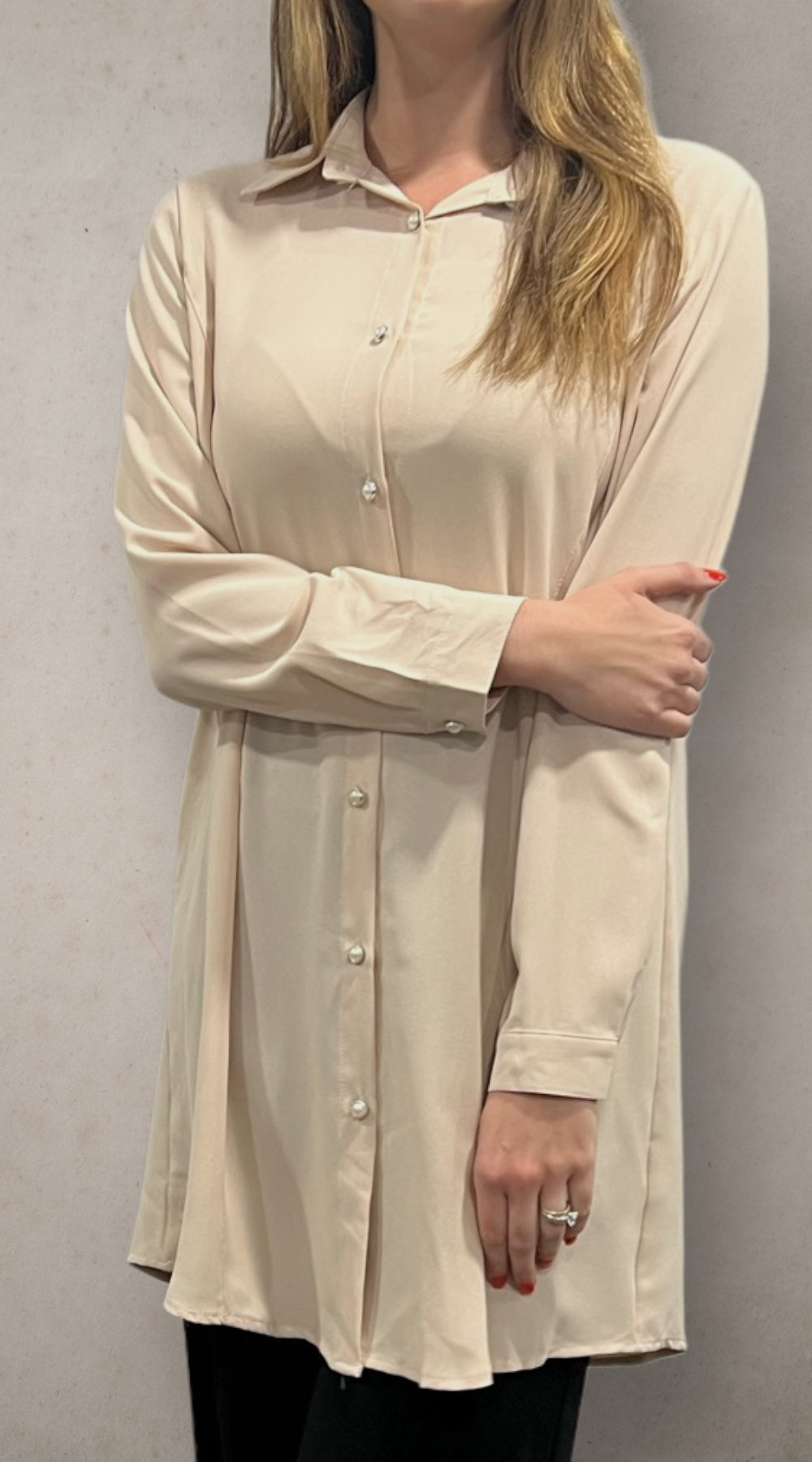 Pearl Button Down Tunic - Beige