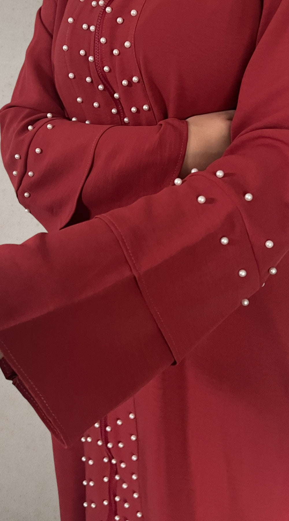 Front Zipper Pearl Abaya Maroon