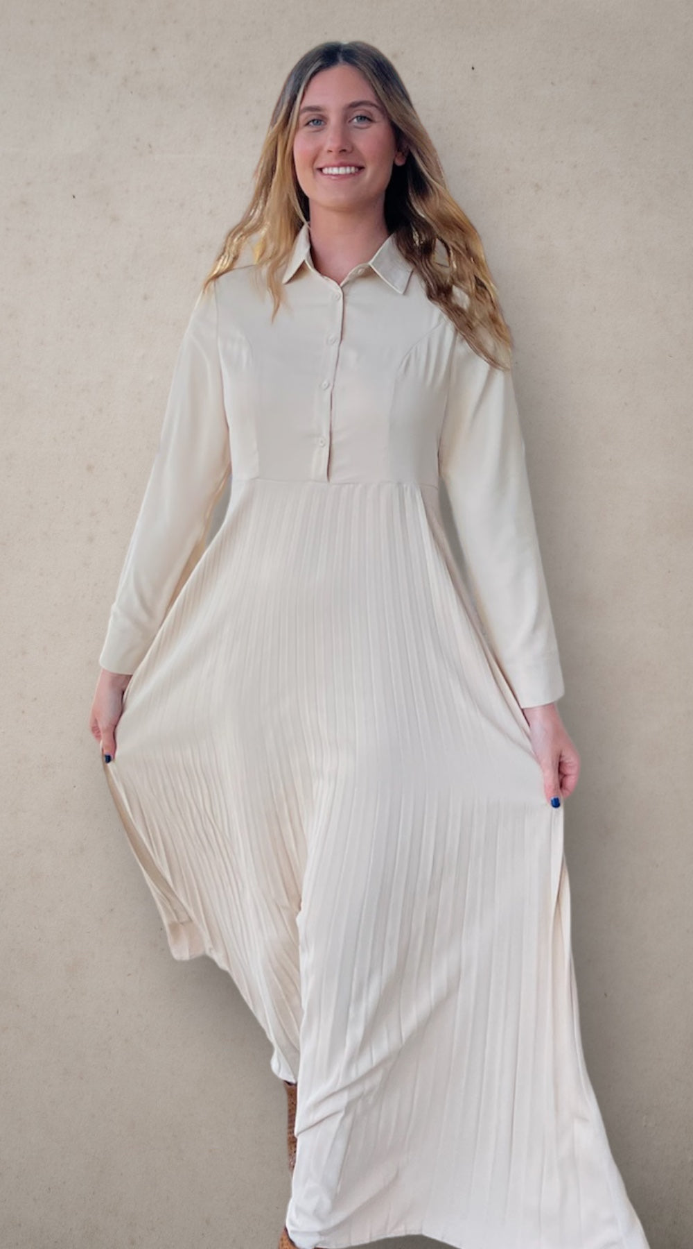 Button Down Pleated Dress - Beige