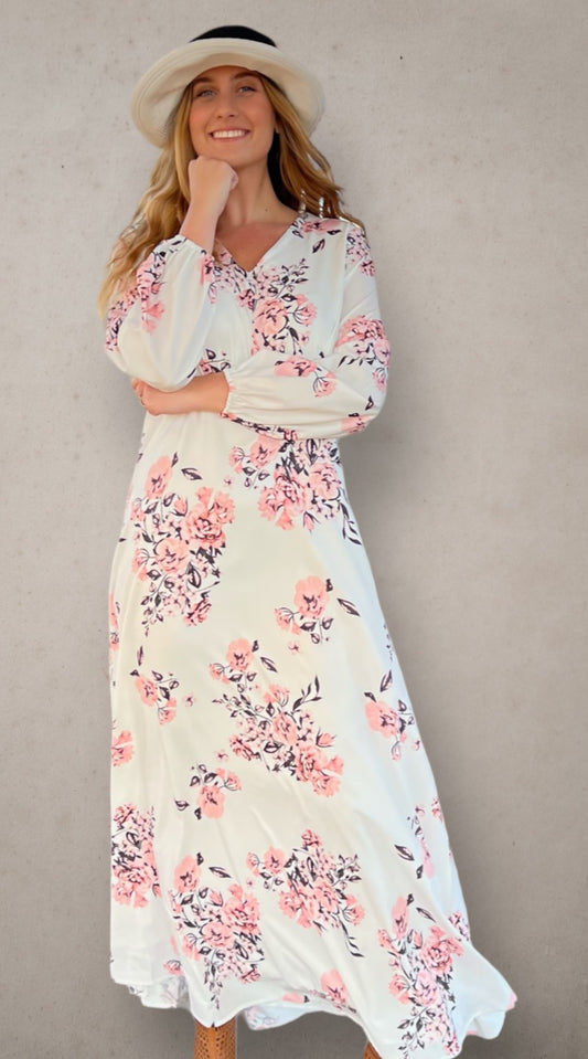 Floral Dress - Pink on White