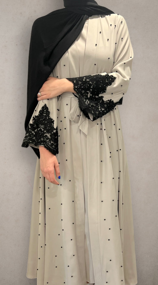 Two Piece Open Front Pearl Abaya - Black Lace on Gray