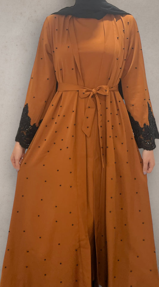 Two Piece Open Front Pearl Abaya - Black Lace on Caramel