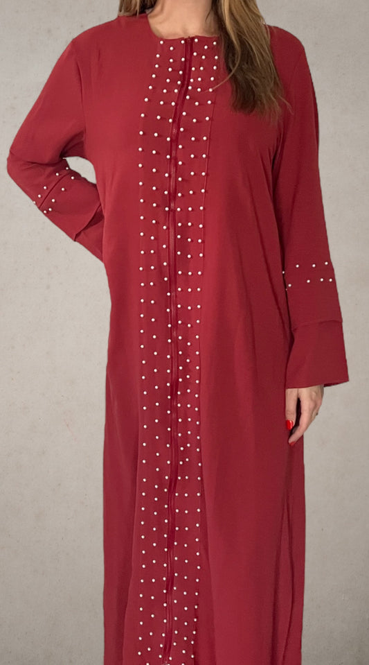 Front Zipper Pearl Abaya Maroon