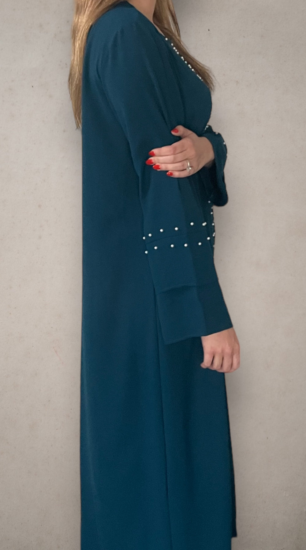 Front Zipper Pearl Abaya Blue