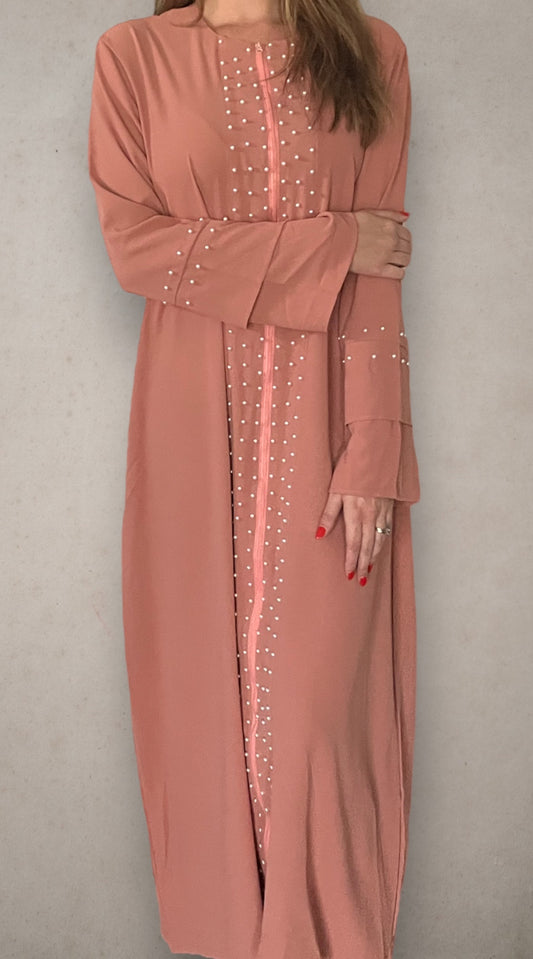 Front Zipper Pearl Abaya Peach